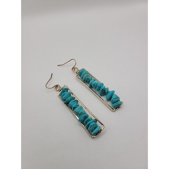 Vintage Blue Chip Bar Earrings Gold Tone Rectangular Dangle Boho Pierced Jewelry - Picture 11 of 11